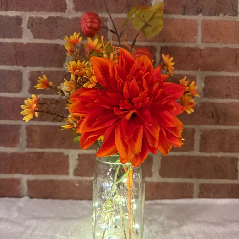 Autumn Floral Arrangement in Mason Jar with LED lights